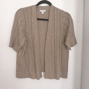 Charter club. Med 60% cotton 40% rayon, beige lightweight, half sleeve cardigan